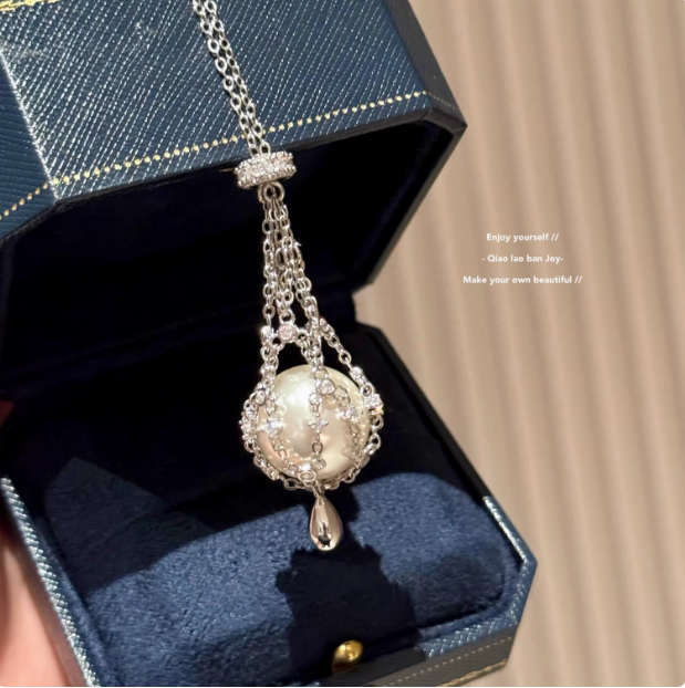 S925 sterling silver Mesh Pocket Crystal Necklace