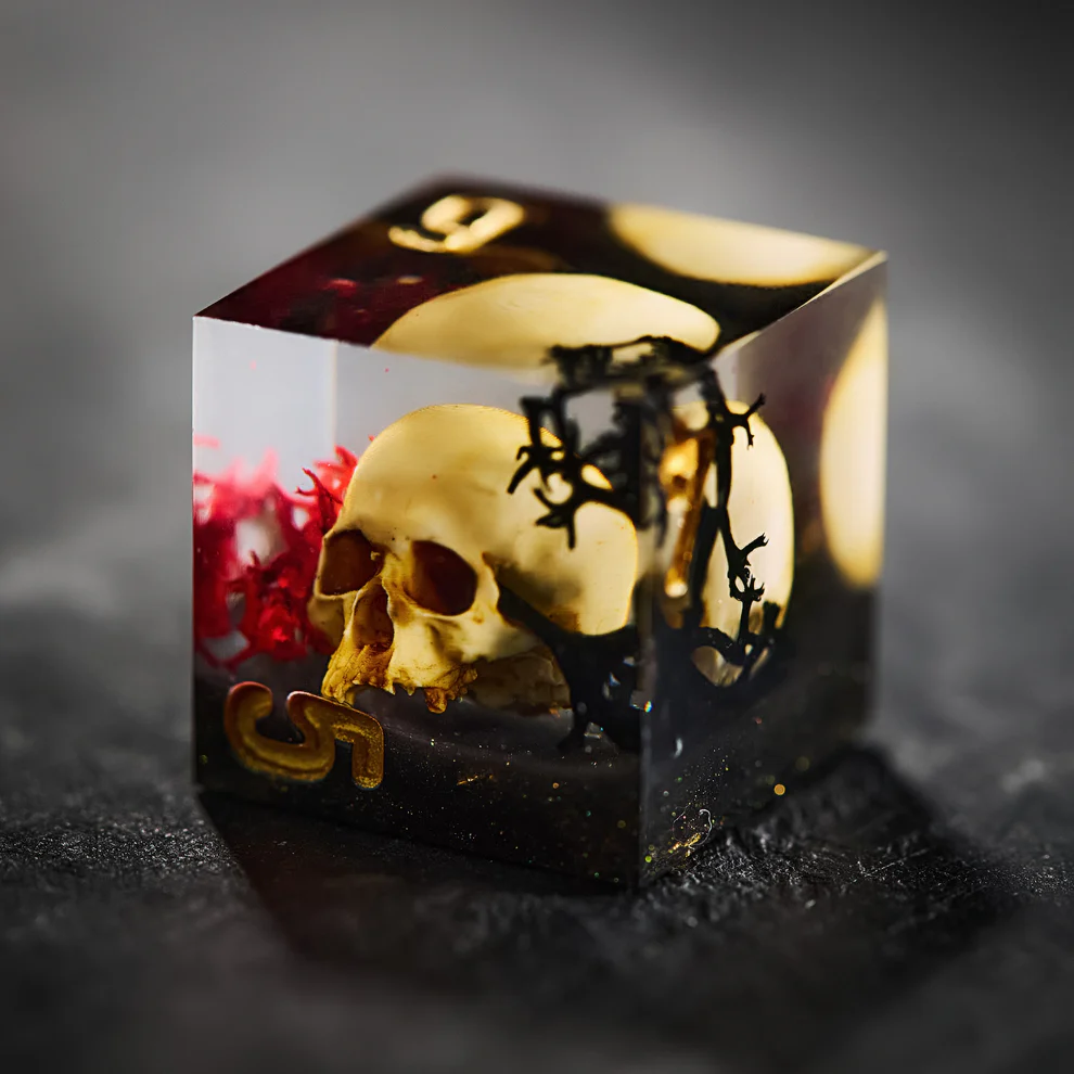 Red Black Coral Skull Resin DnD D&D Dice Set