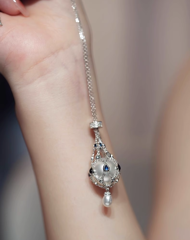 S925 sterling silver Mesh Pocket Crystal Necklace