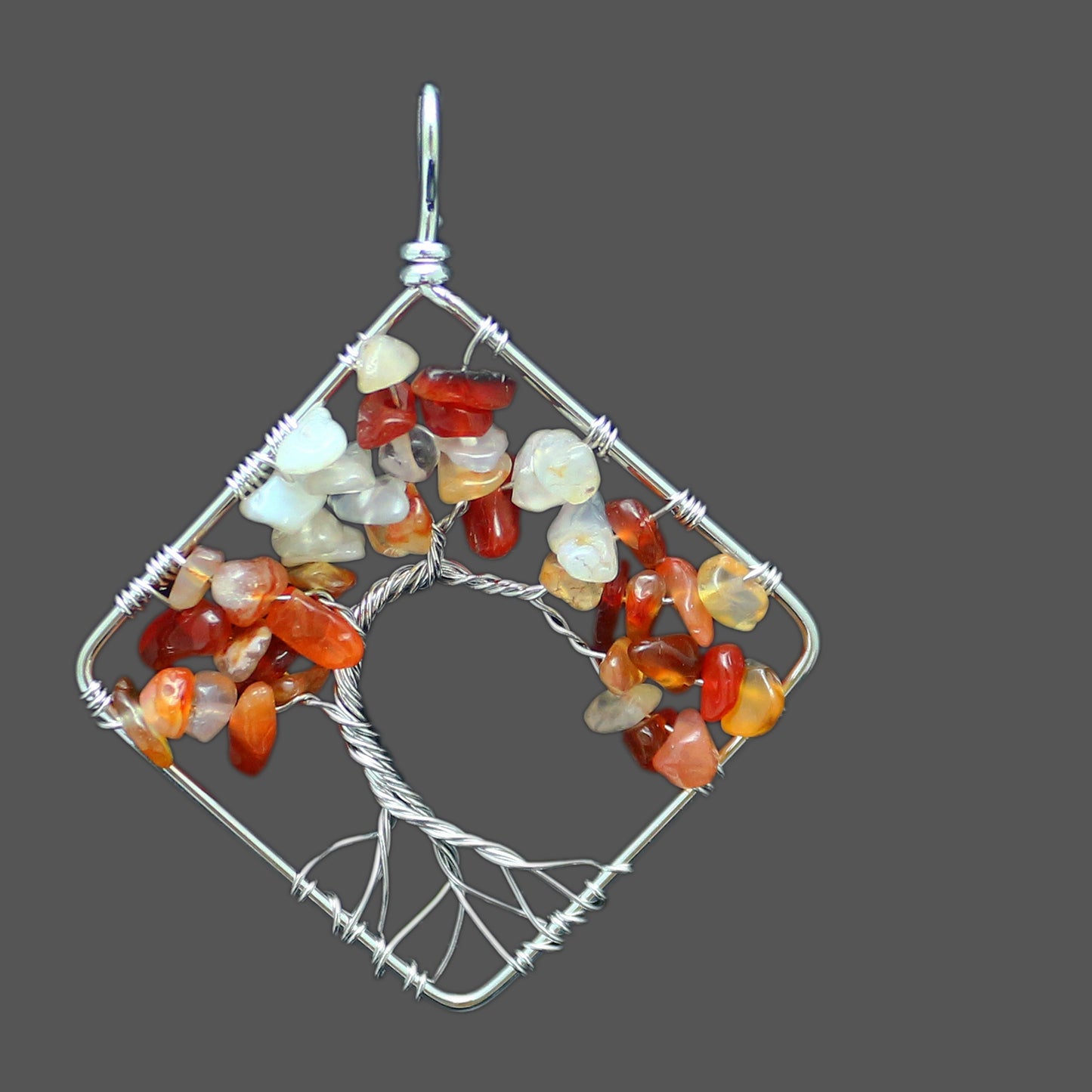 Hand Wound Seven Color Natural Stone Crystal Square Bent Tree of Life Pendant Necklace