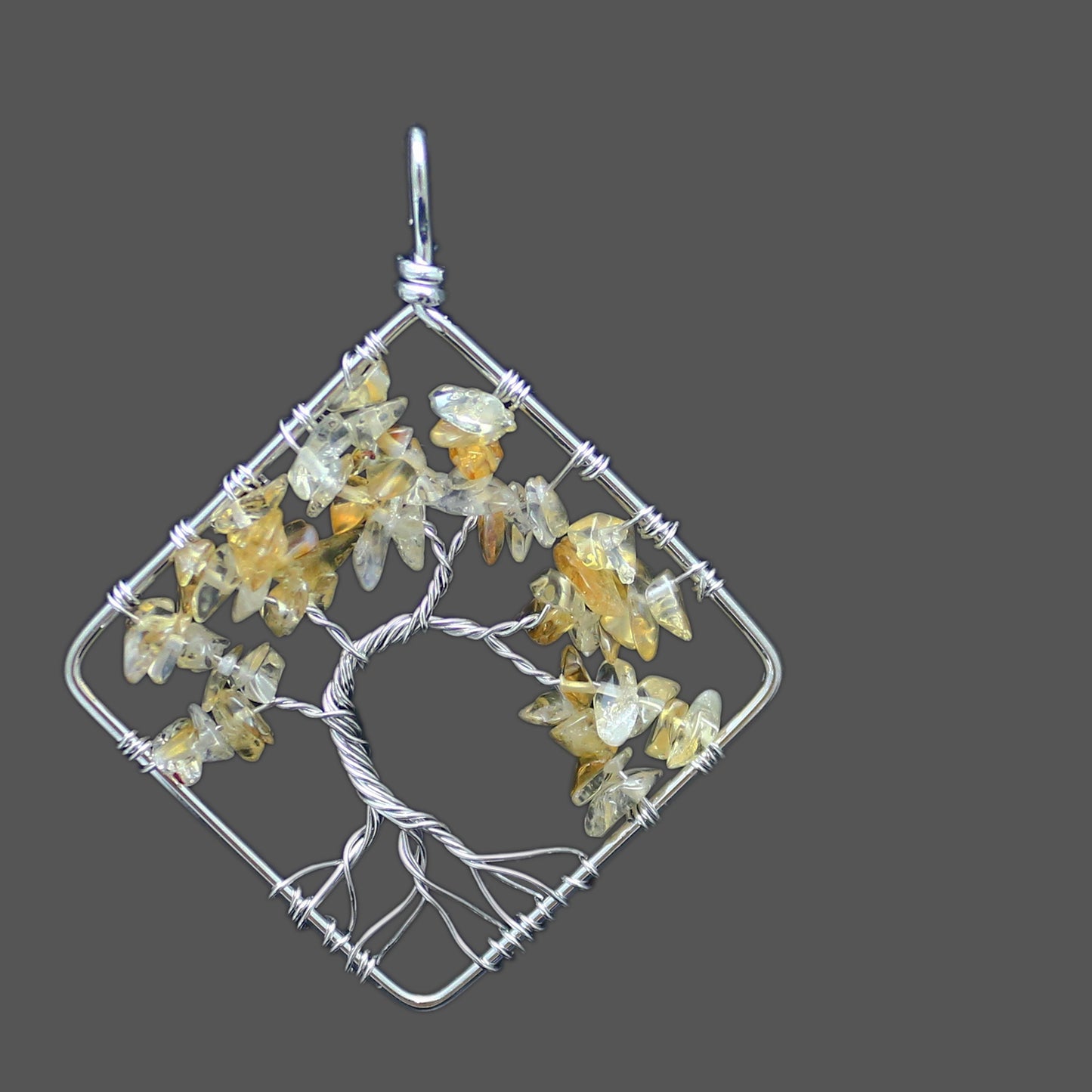 Hand Wound Seven Color Natural Stone Crystal Square Bent Tree of Life Pendant Necklace