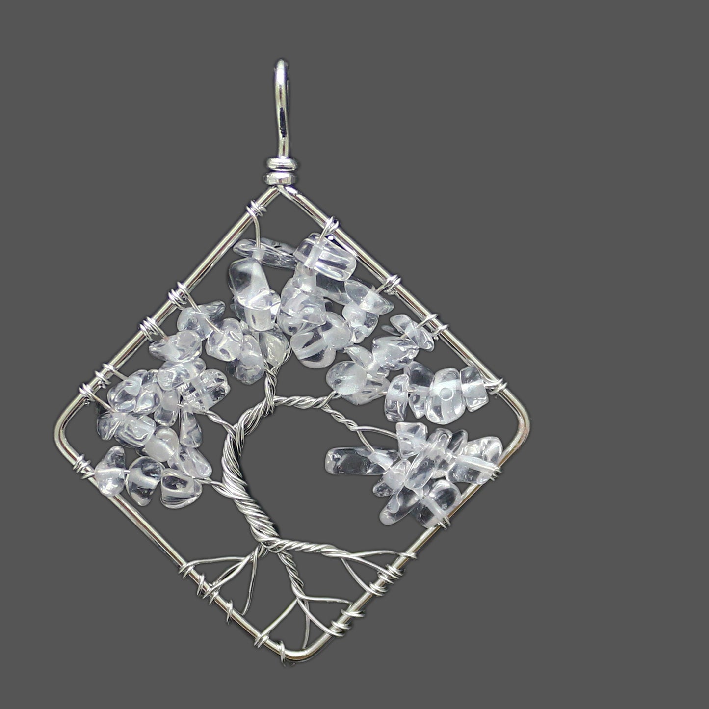 Hand Wound Seven Color Natural Stone Crystal Square Bent Tree of Life Pendant Necklace