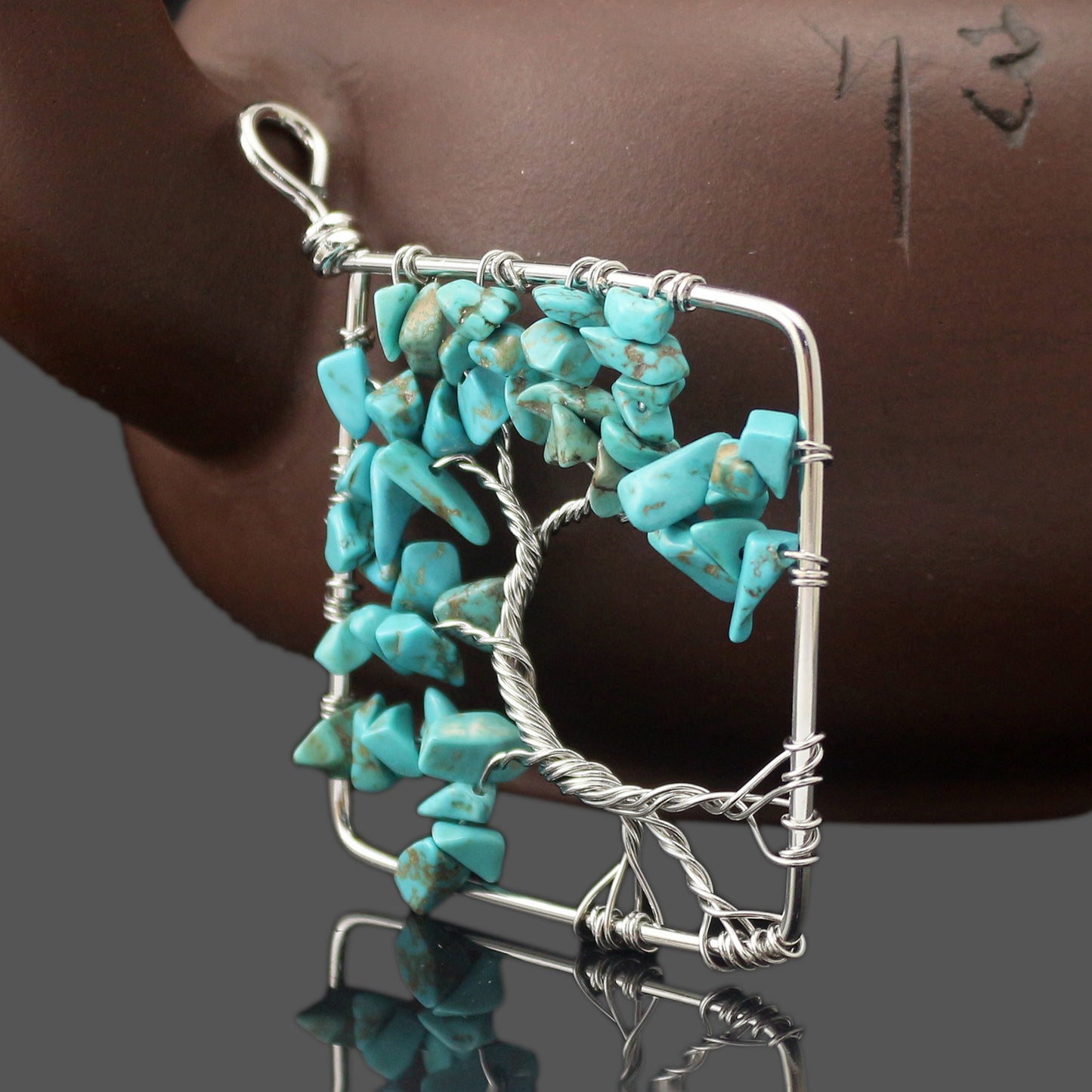 Hand Wound Seven Color Natural Stone Crystal Square Bent Tree of Life Pendant Necklace