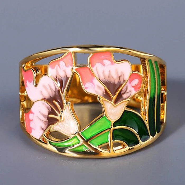 Golden Enamel Flower Ring Vintage