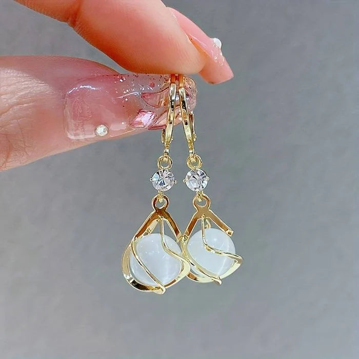 Vintage White Opal Dangling Gold Earrings