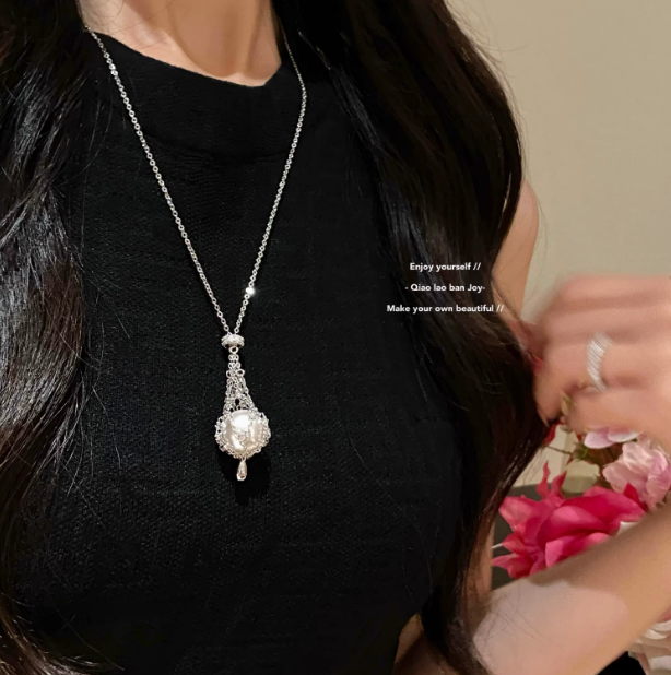 S925 sterling silver Mesh Pocket Crystal Necklace