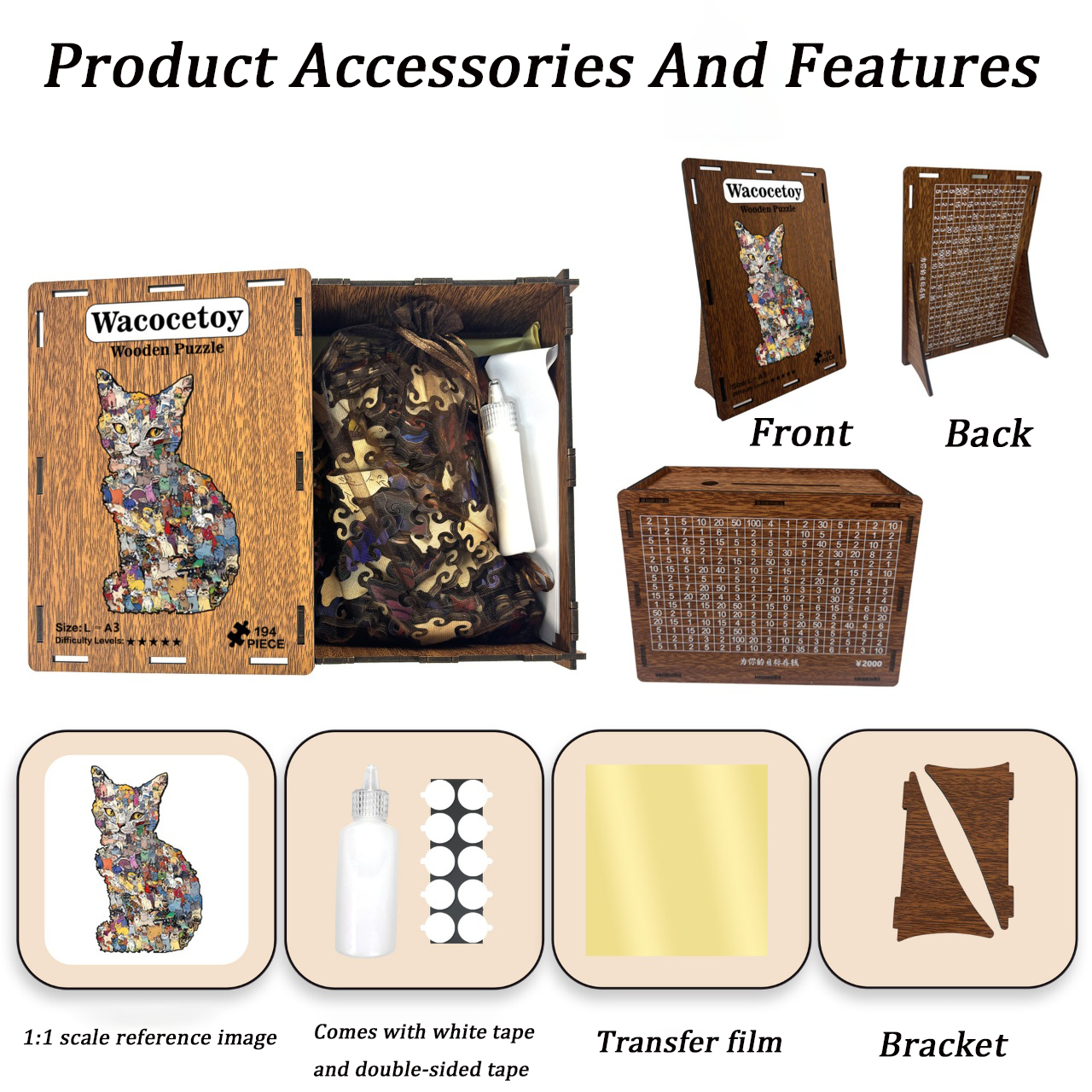 194-piece colorful cat-shaped wooden piggy bank puzzle