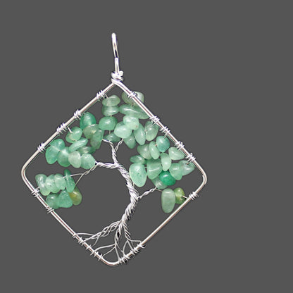 Hand Wound Seven Color Natural Stone Crystal Square Bent Tree of Life Pendant Necklace