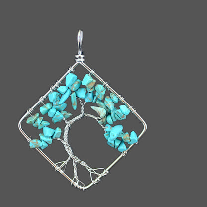 Hand Wound Seven Color Natural Stone Crystal Square Bent Tree of Life Pendant Necklace