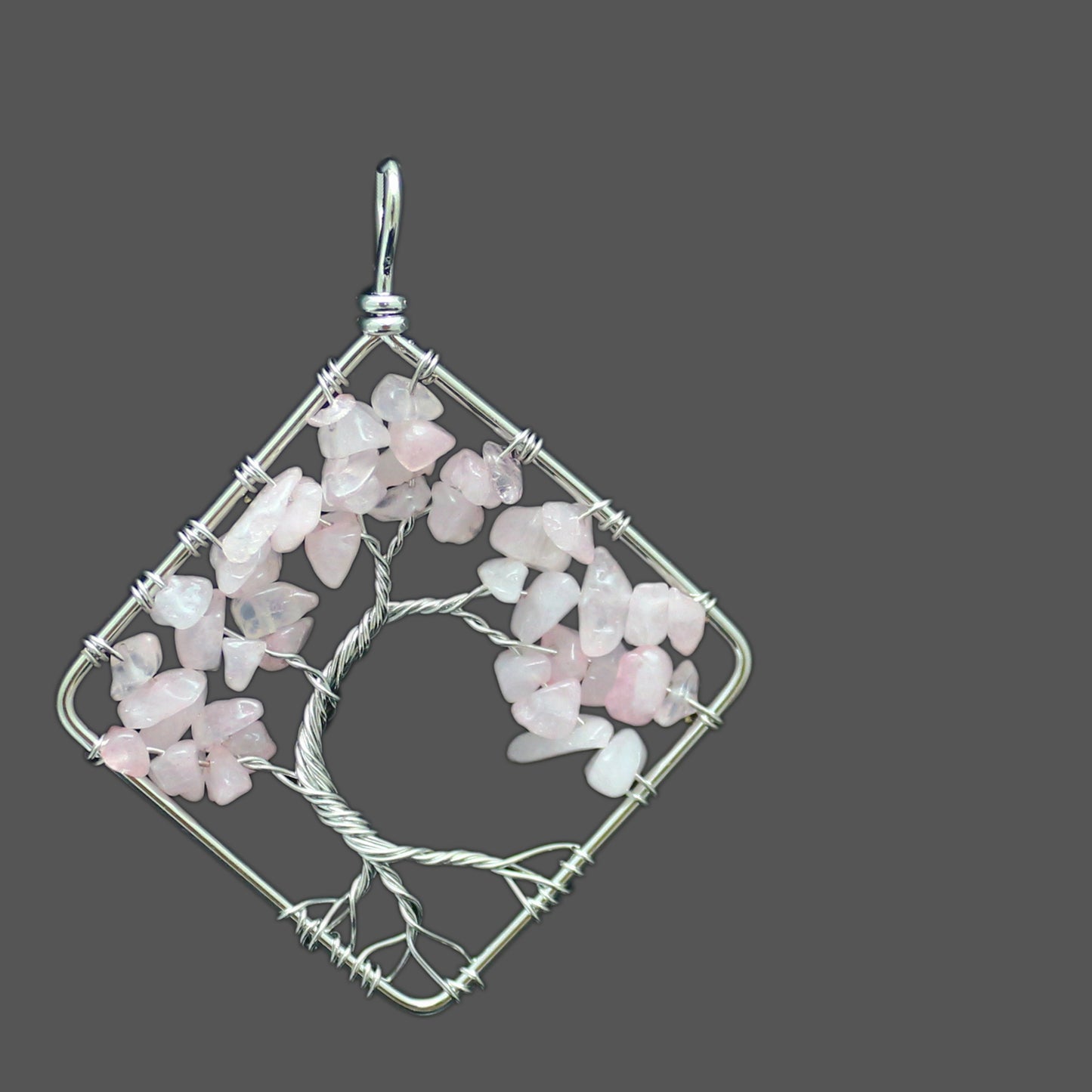 Hand Wound Seven Color Natural Stone Crystal Square Bent Tree of Life Pendant Necklace
