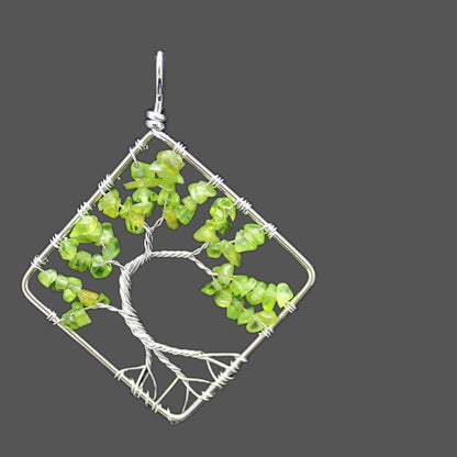 Hand Wound Seven Color Natural Stone Crystal Square Bent Tree of Life Pendant Necklace