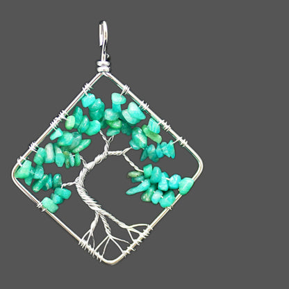 Hand Wound Seven Color Natural Stone Crystal Square Bent Tree of Life Pendant Necklace