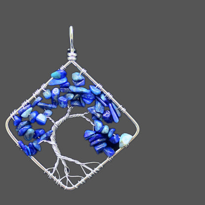 Hand Wound Seven Color Natural Stone Crystal Square Bent Tree of Life Pendant Necklace