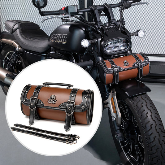 Motorcycle's brown leather forkbag Skulls
