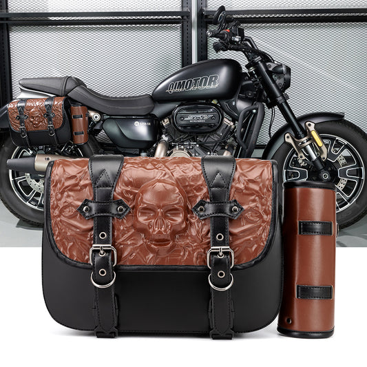 Motorcycle's brown leather skull stitched swingarm bag