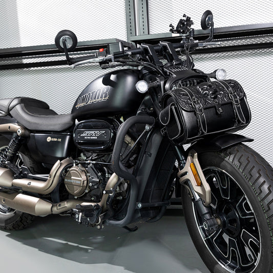 Motorcycle's black leather forkbag Skulls