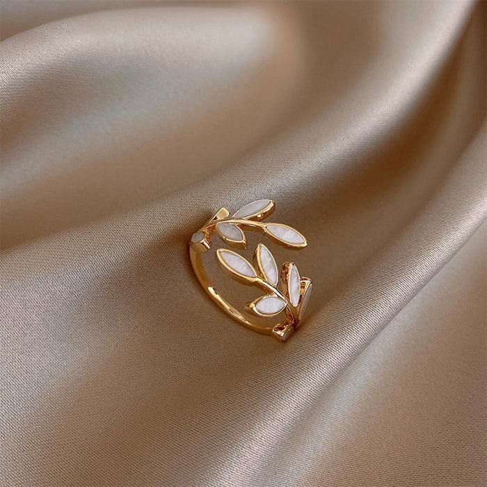 White Opal Leaf Ring in Gold, Adjustable