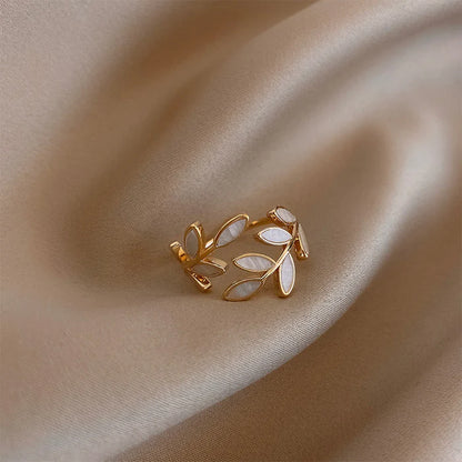 White Opal Leaf Ring in Gold, Adjustable