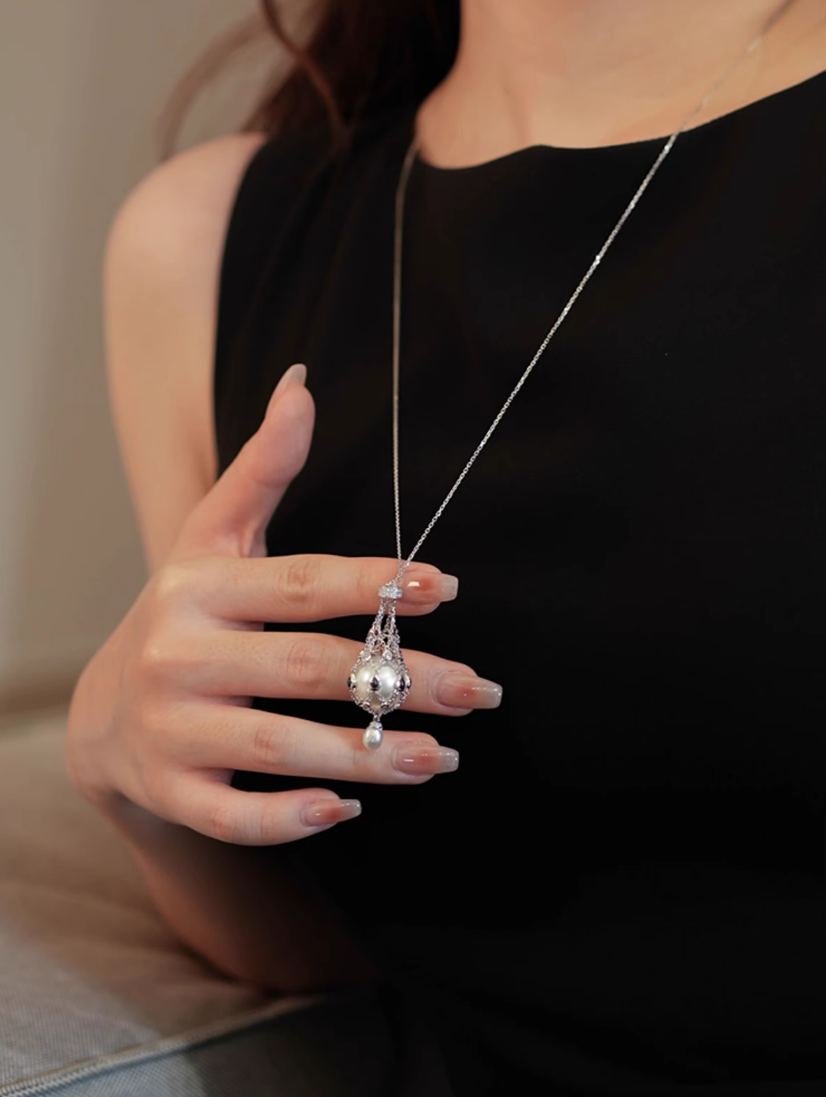 S925 sterling silver Mesh Pocket Crystal Necklace